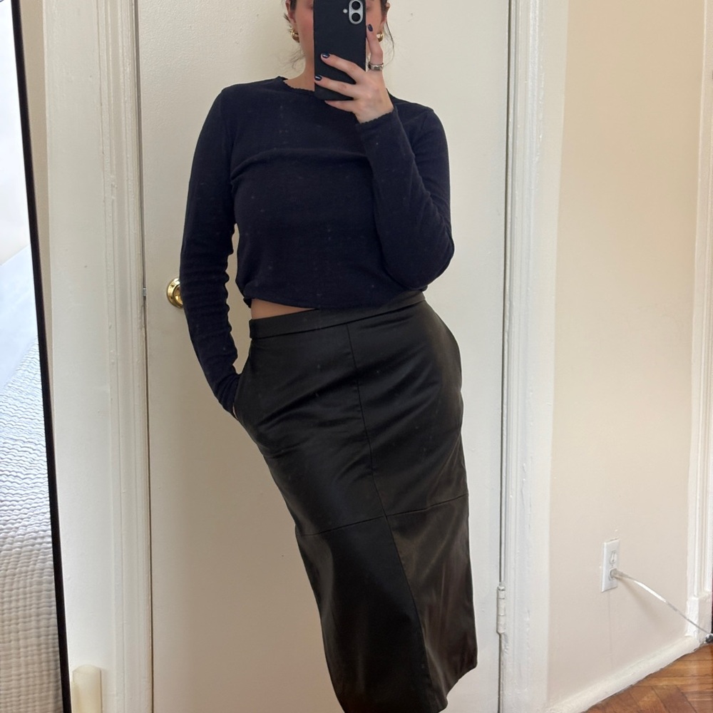 Black leather midi skirt